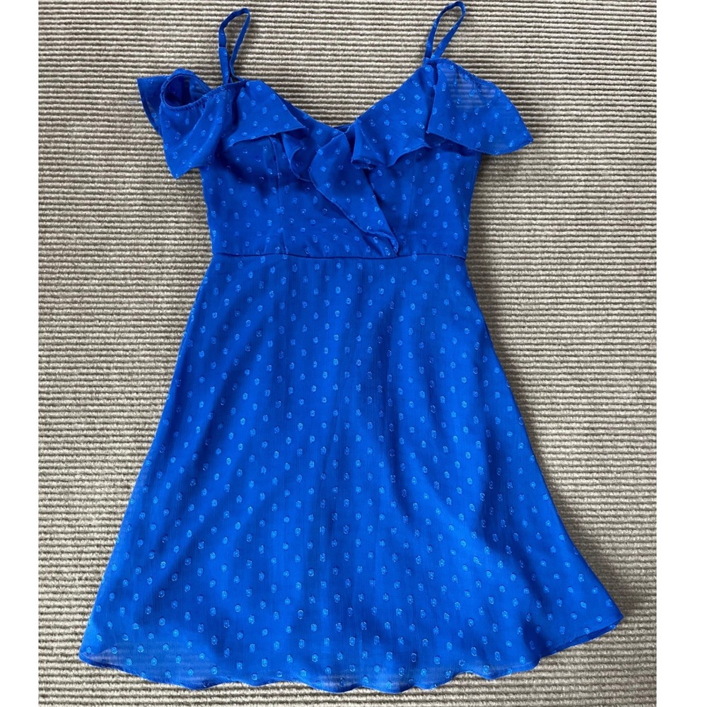 BCX Royal Blue Clip Dot Ruffle Cold Shoulder Mini Dress XXS